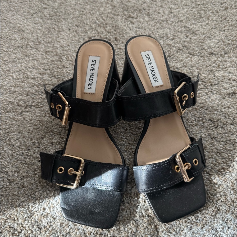 Steve Madden Black Buckle Mule Heels
